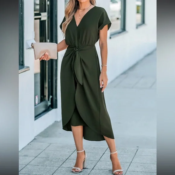 slim fit dress slacks Cupshe Womens Olive Green Notched Neck Halter MIDI Beach Dress